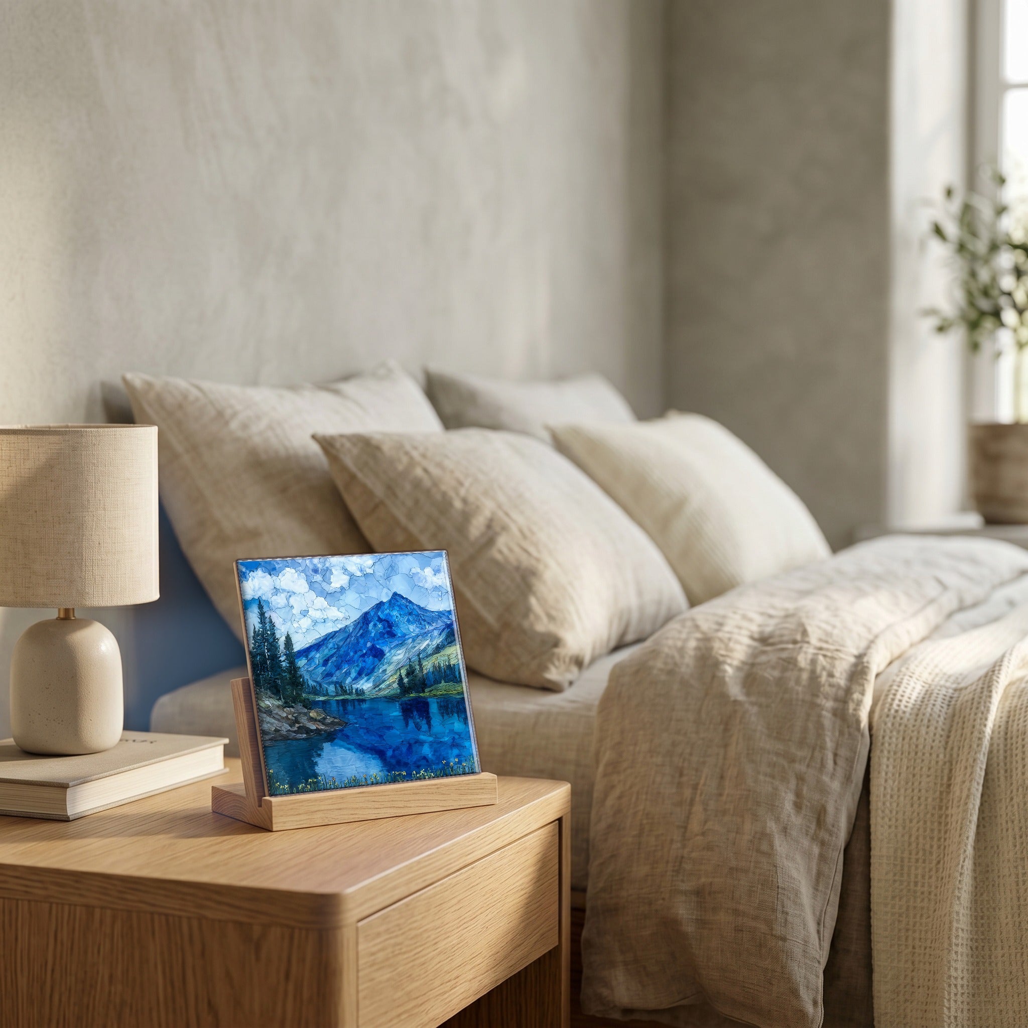 On the nightstand, catching the morning.