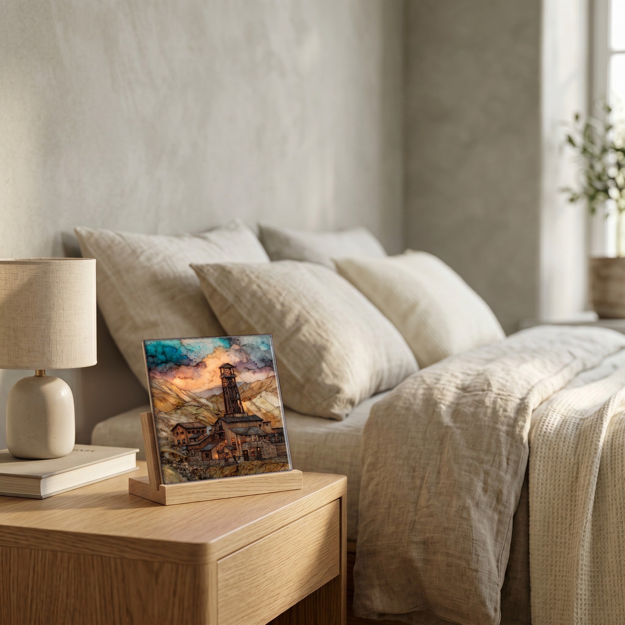 On the nightstand, catching the morning.