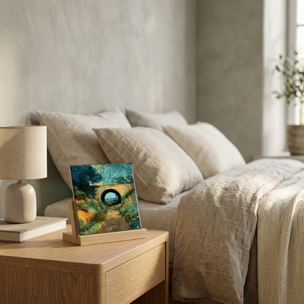 On the nightstand, catching the morning.