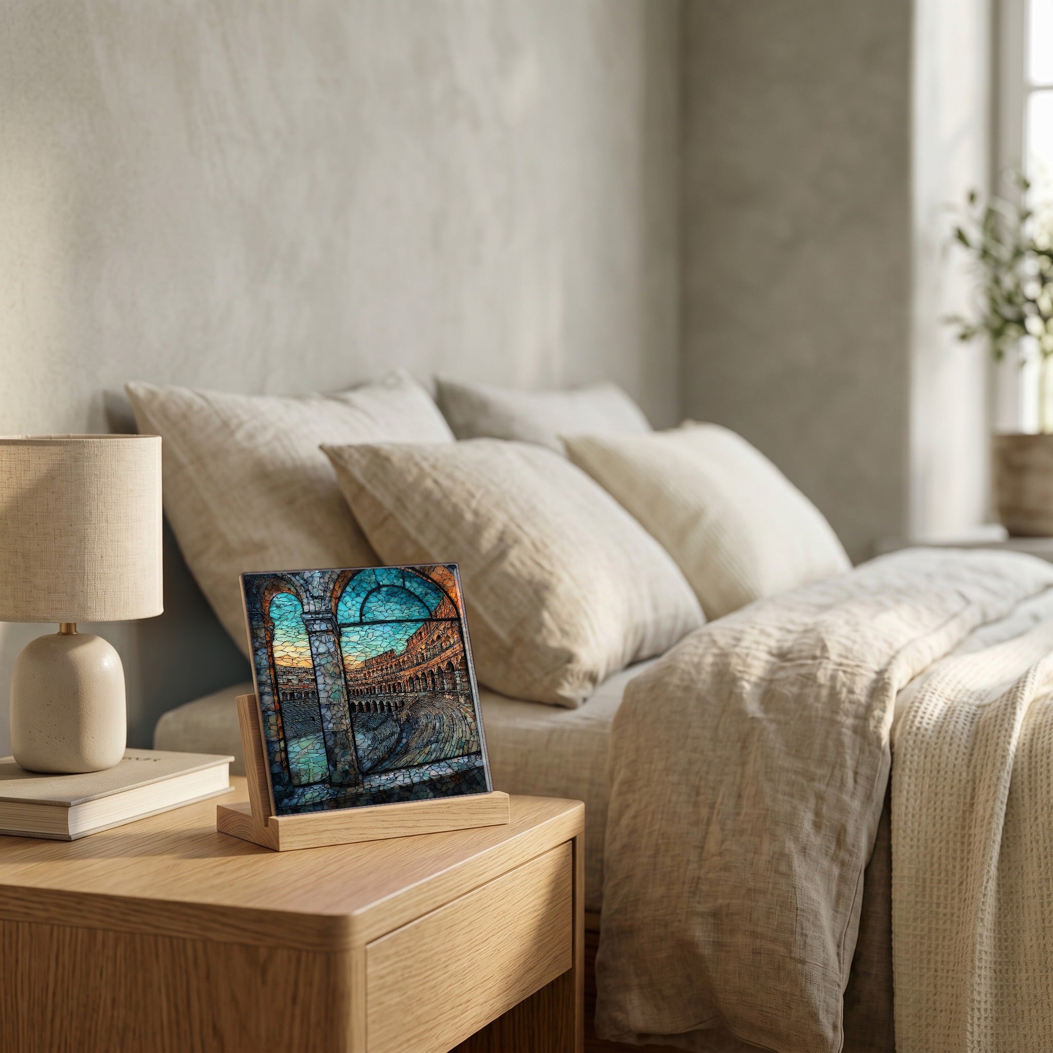 On the nightstand, on a light oak stand.
