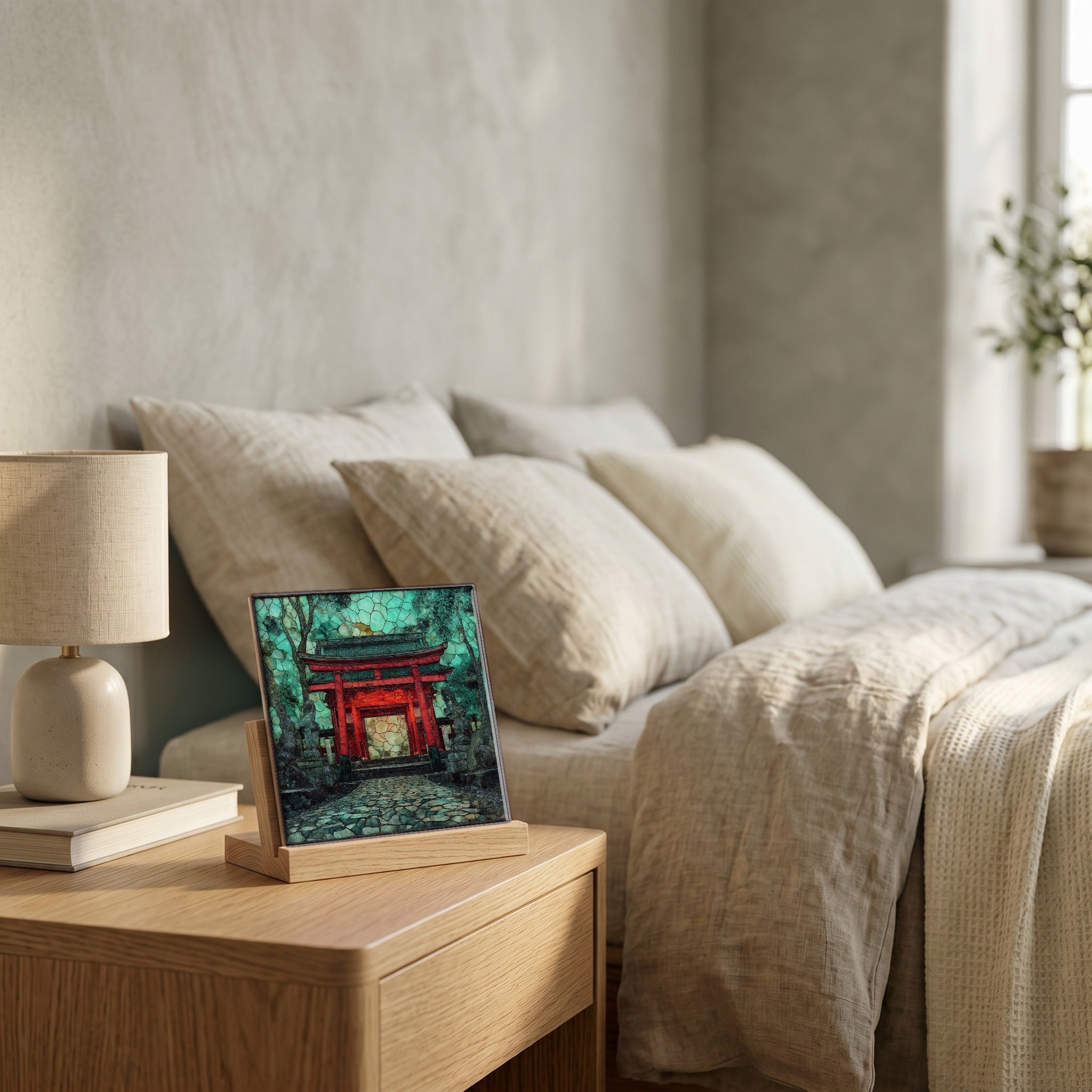 On the nightstand, catching the morning.