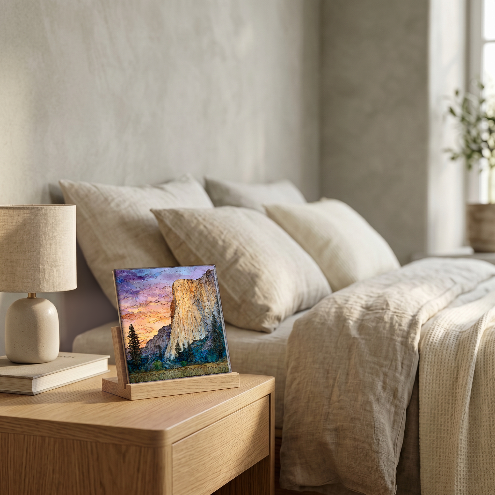 On the nightstand, on a light oak stand.