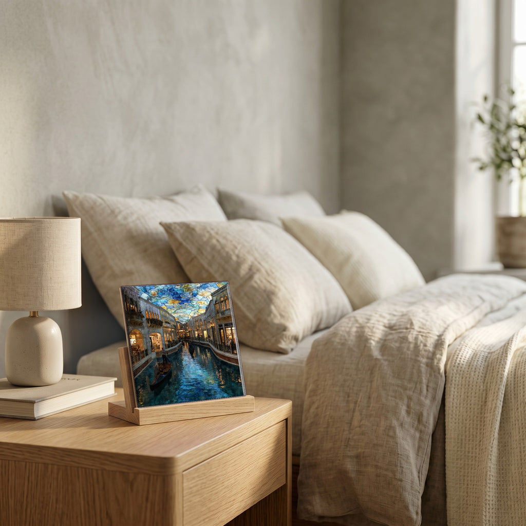 On the nightstand, catching the morning.