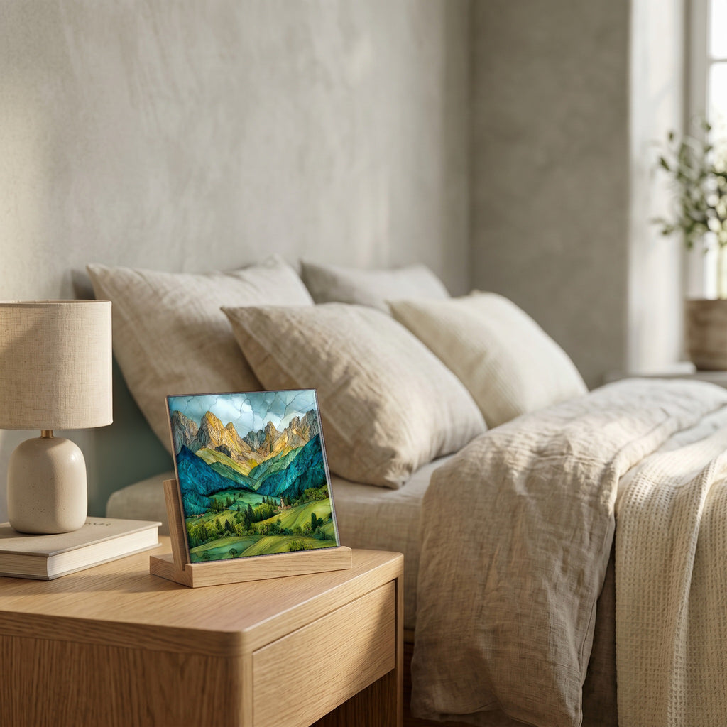 On the nightstand, on a light oak stand.