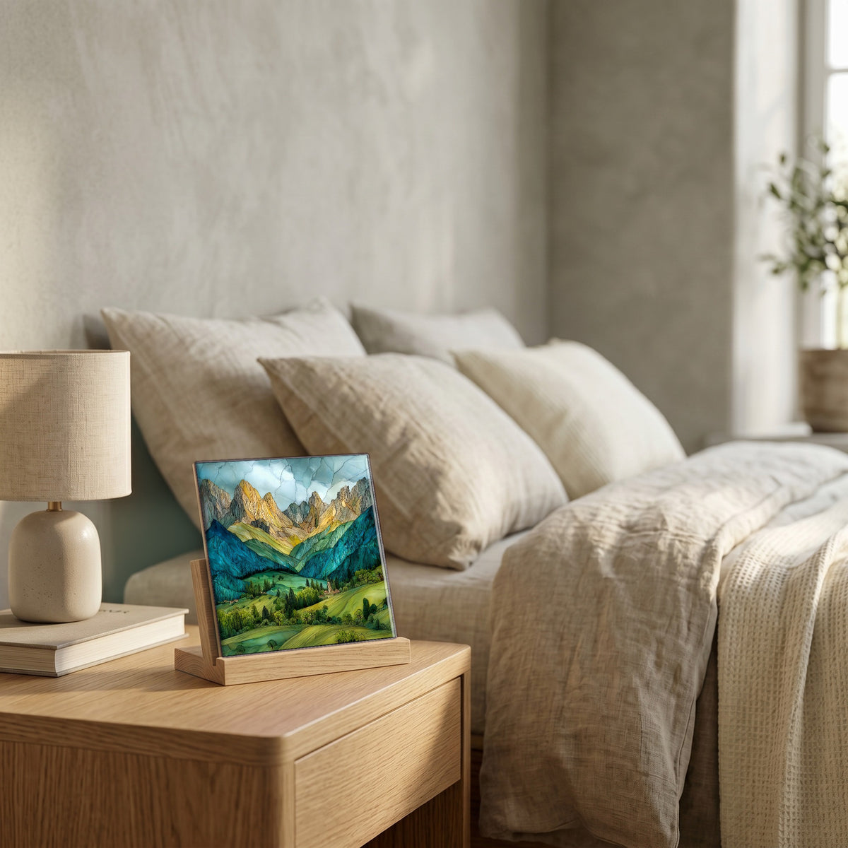 On the nightstand, on a light oak stand.