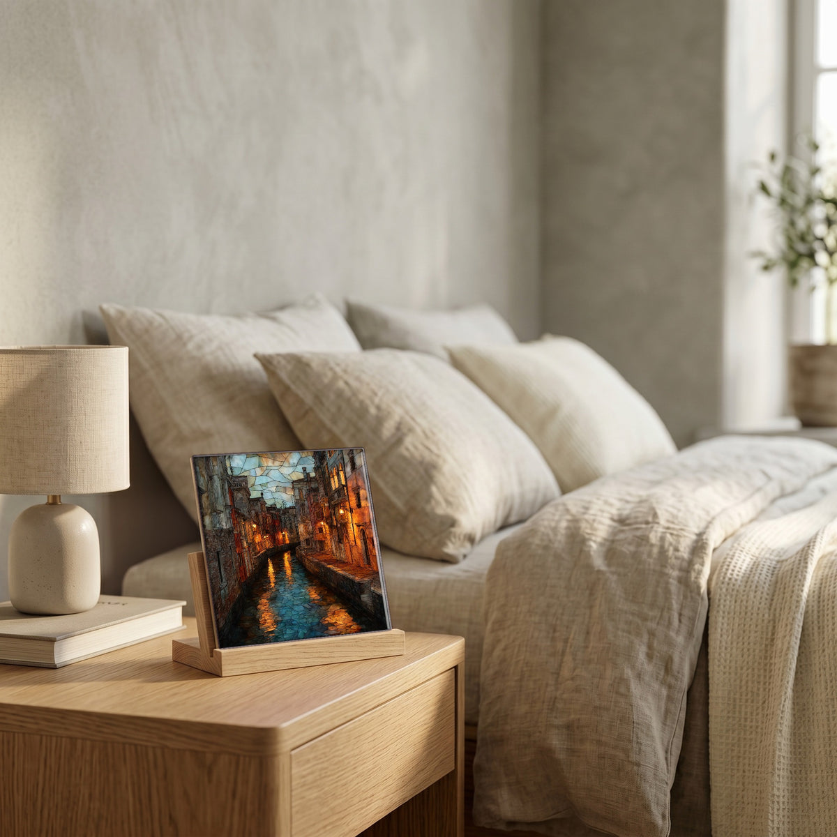 On the nightstand, on a light oak stand.