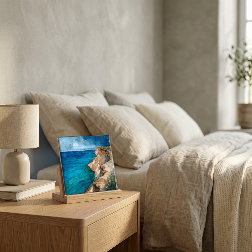 On the nightstand, catching the morning.