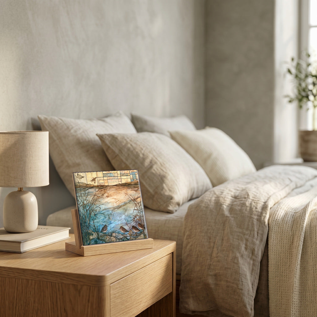 On the nightstand, catching the morning.