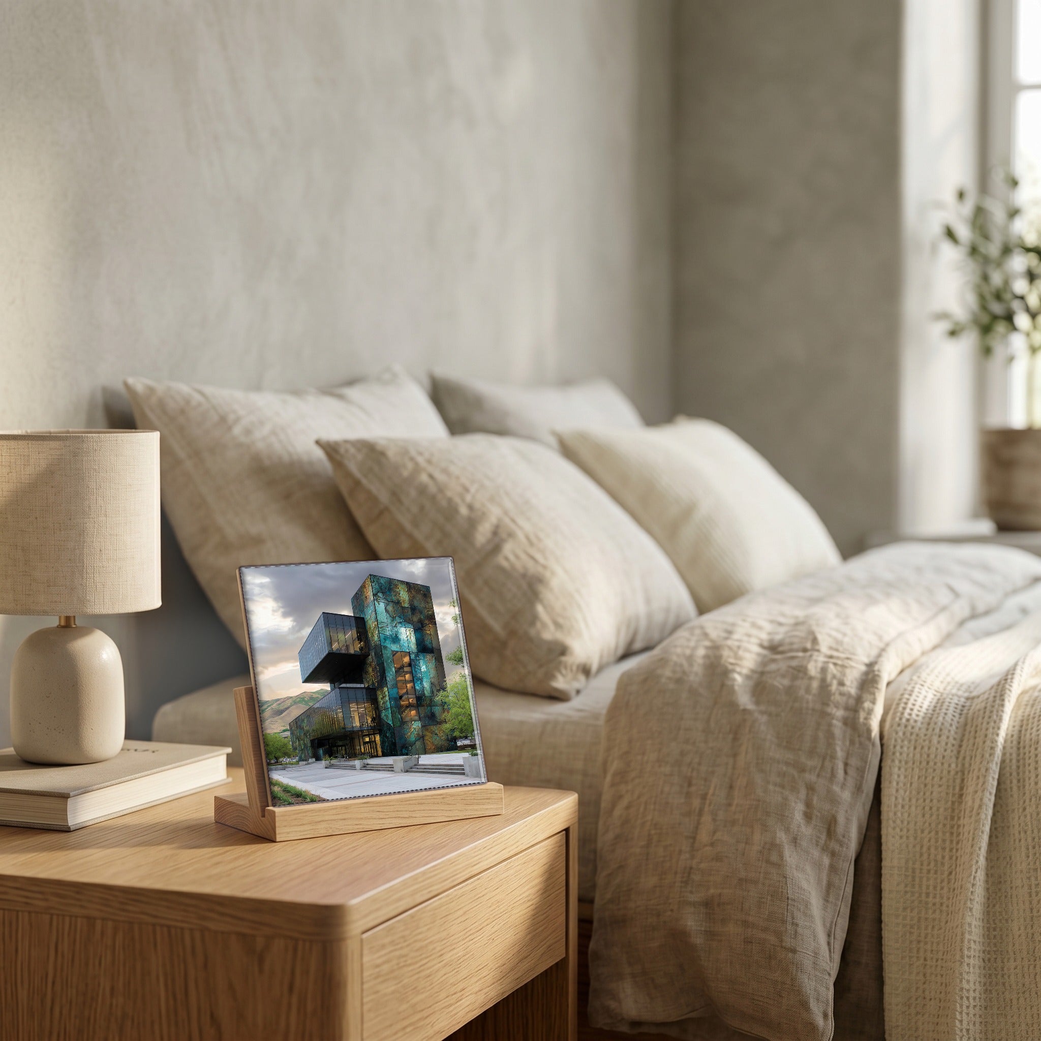 On the nightstand, catching the morning.