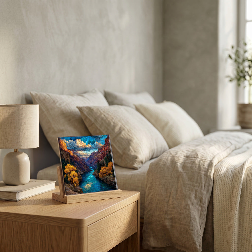 On the nightstand, catching the morning.