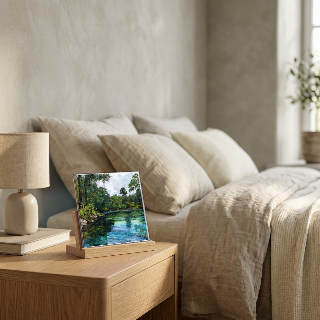 On the nightstand, catching the morning.