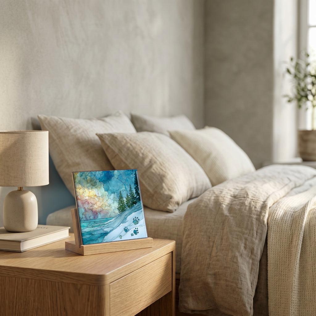 On the nightstand, catching the morning.