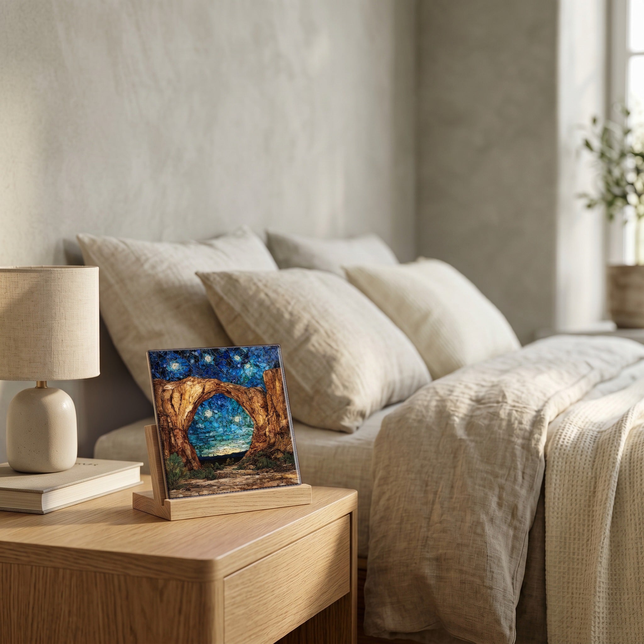On the nightstand, catching the morning.