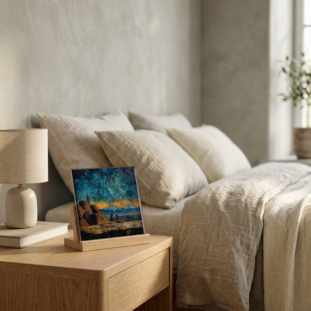 On the nightstand, catching the morning.