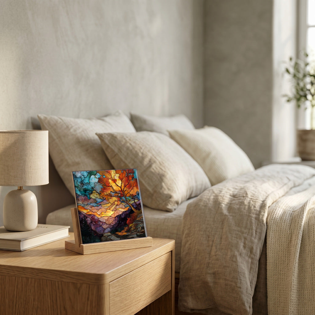 On the nightstand, catching the morning.