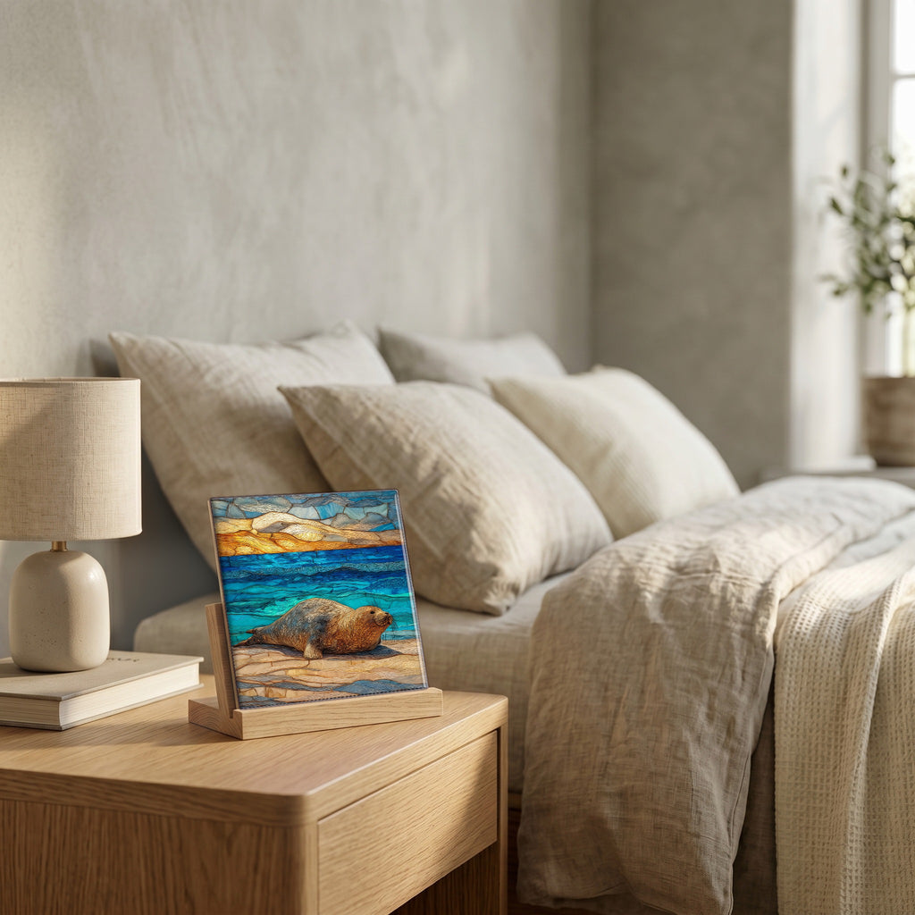 On the nightstand, on a light oak stand.