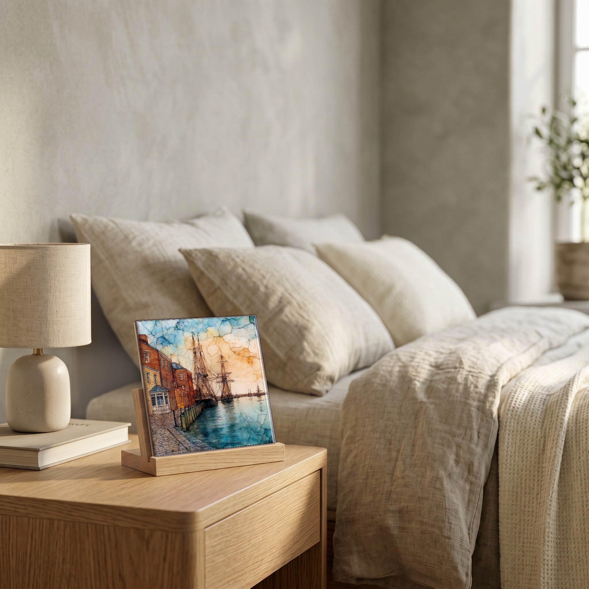 On the nightstand, catching the morning.