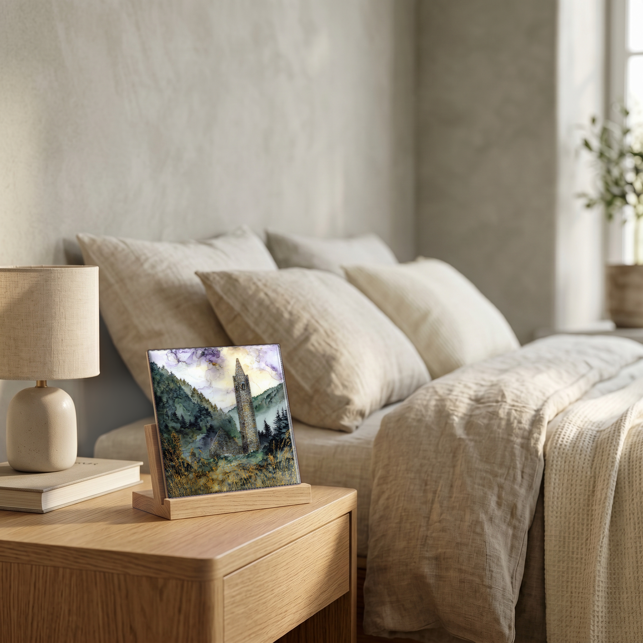On the nightstand, on a light oak stand.