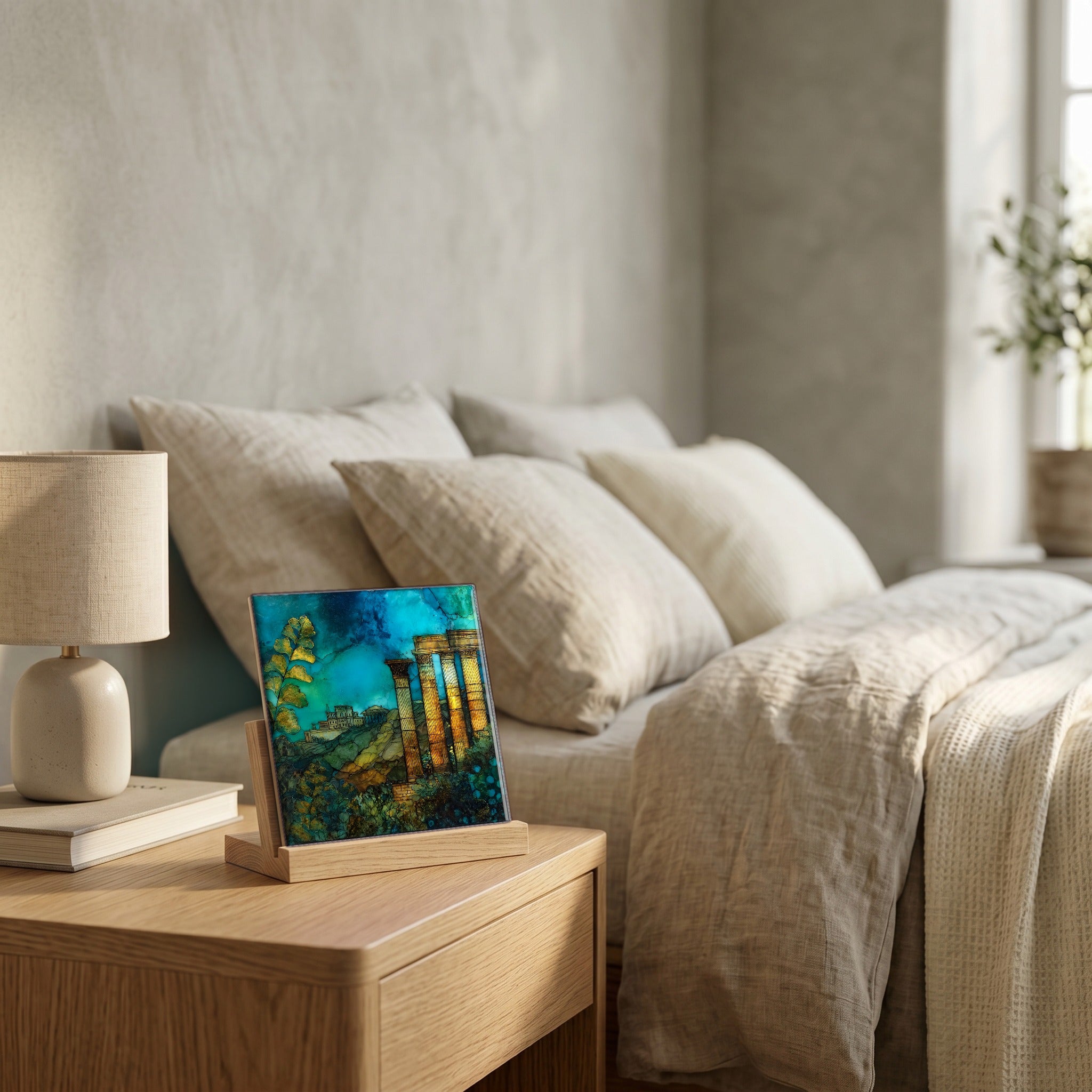 On the nightstand, catching the morning.