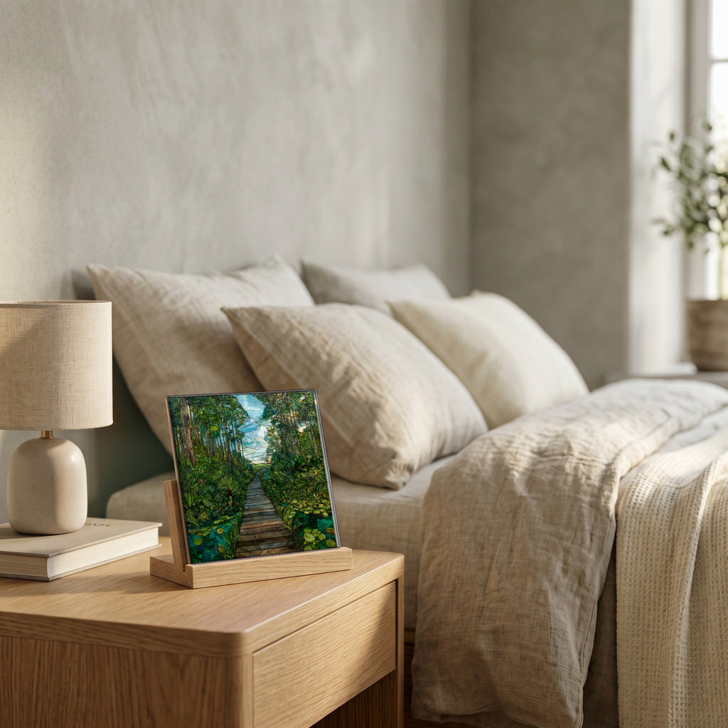 On the nightstand, catching the morning.