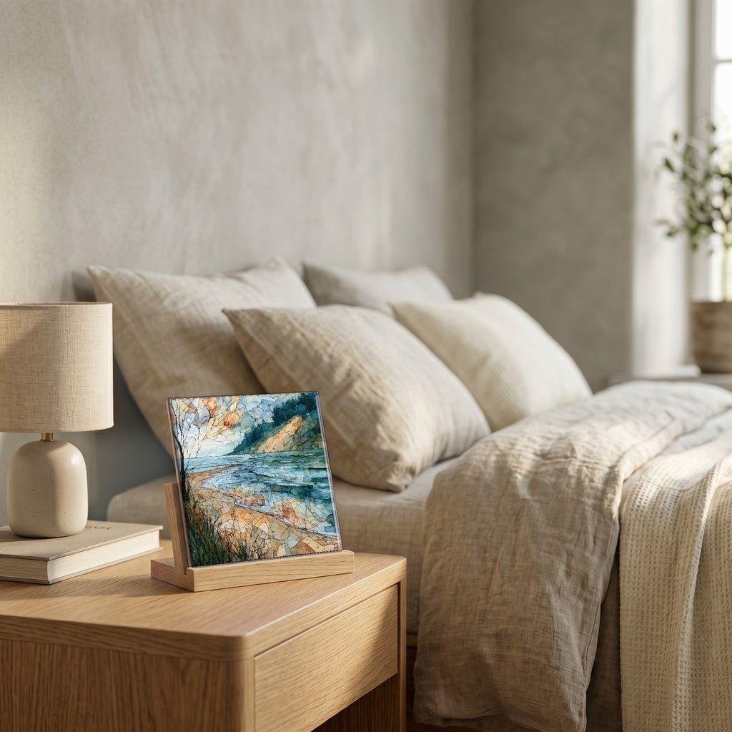 On the nightstand, catching the morning.