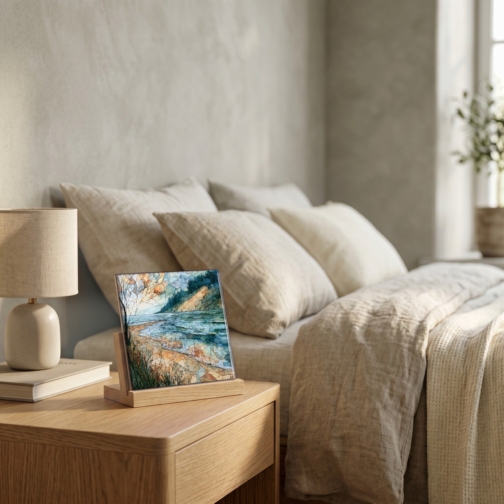 On the nightstand, catching the morning.