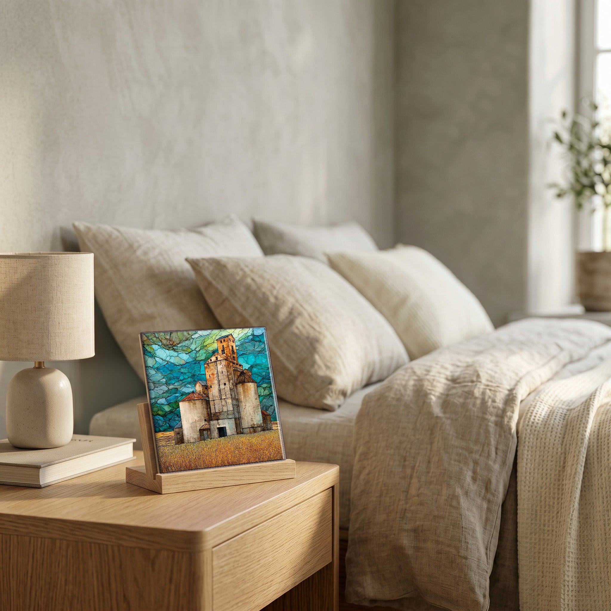 On the nightstand, catching the morning.