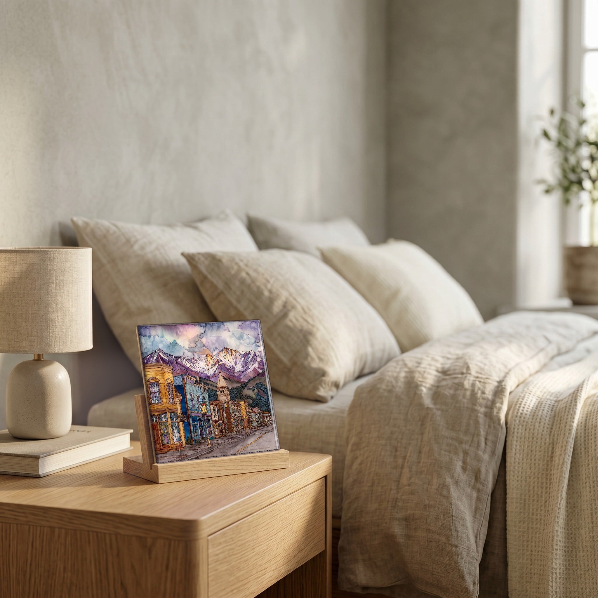 On the nightstand, catching the morning.