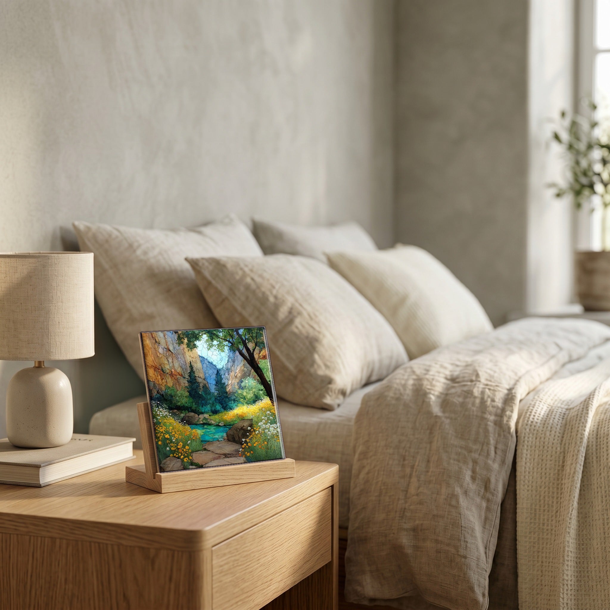 On the nightstand, catching the morning.