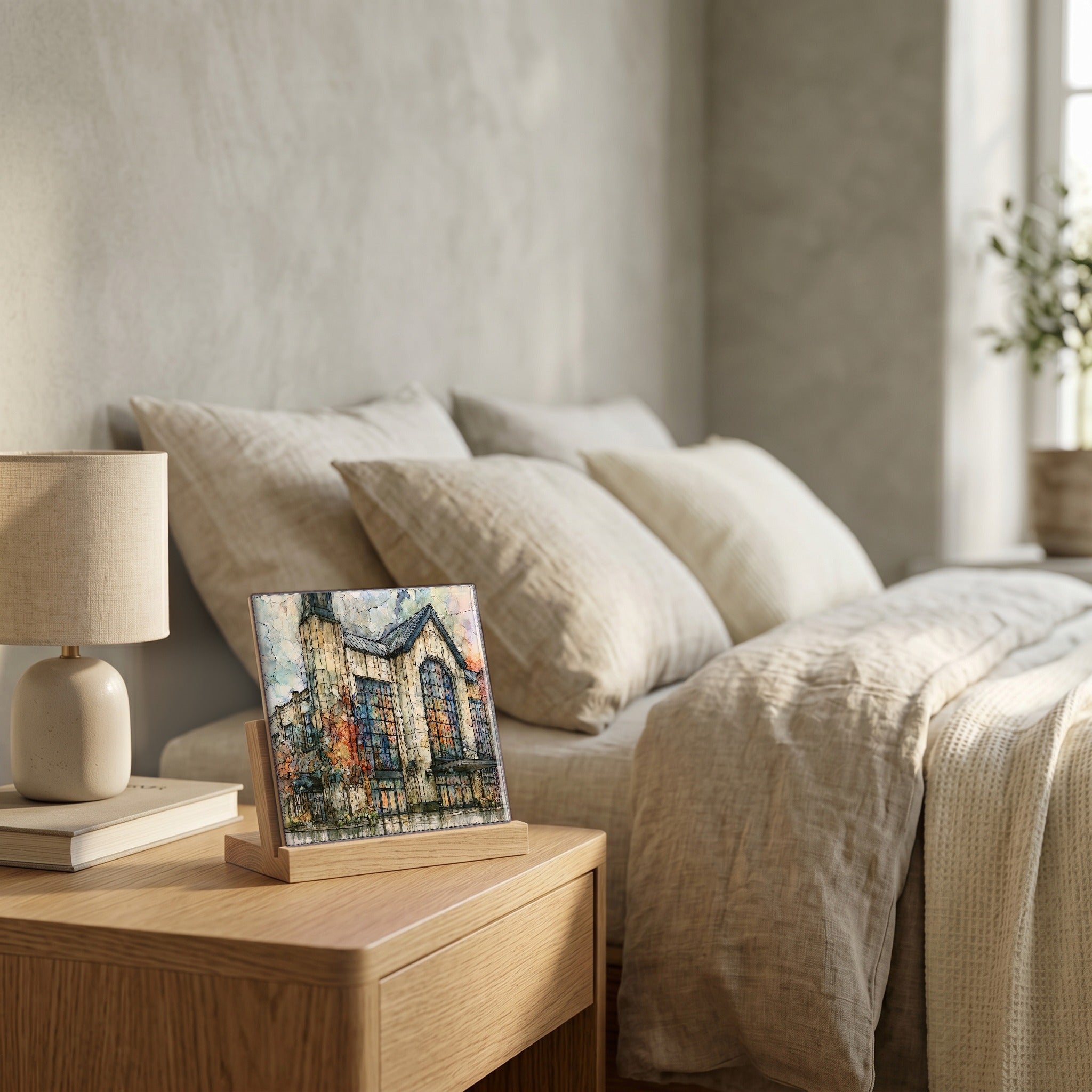 On the nightstand, catching the morning.