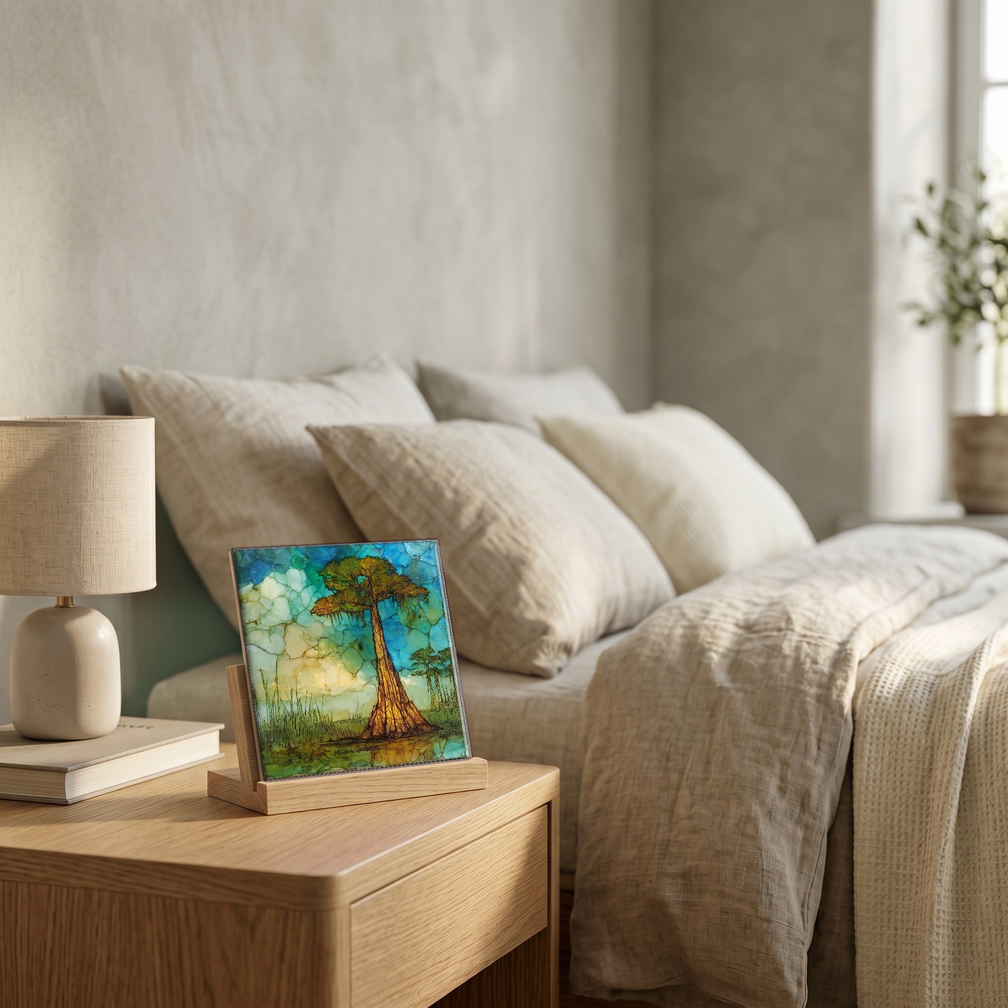 On the nightstand, catching the morning.