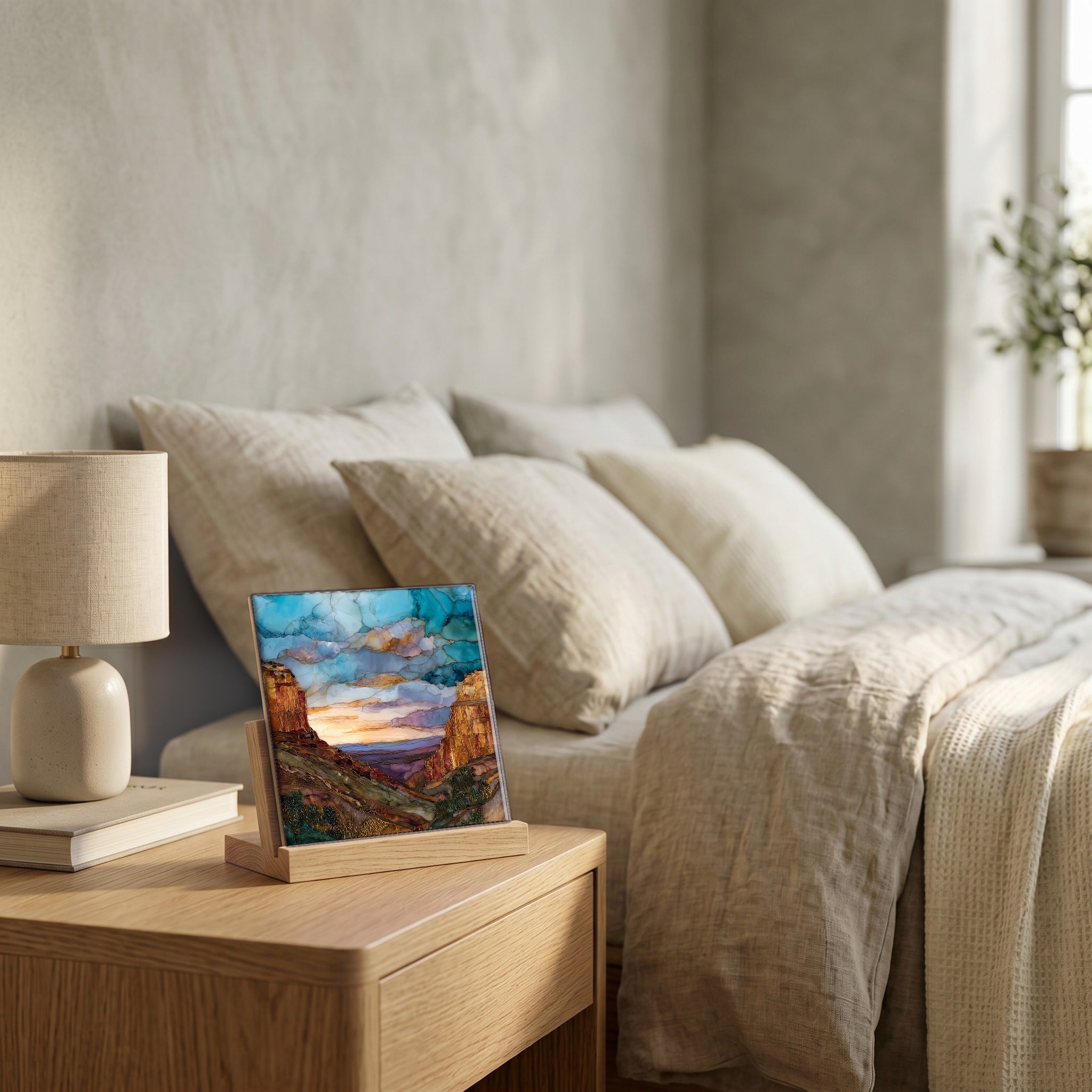On the nightstand, catching the morning.