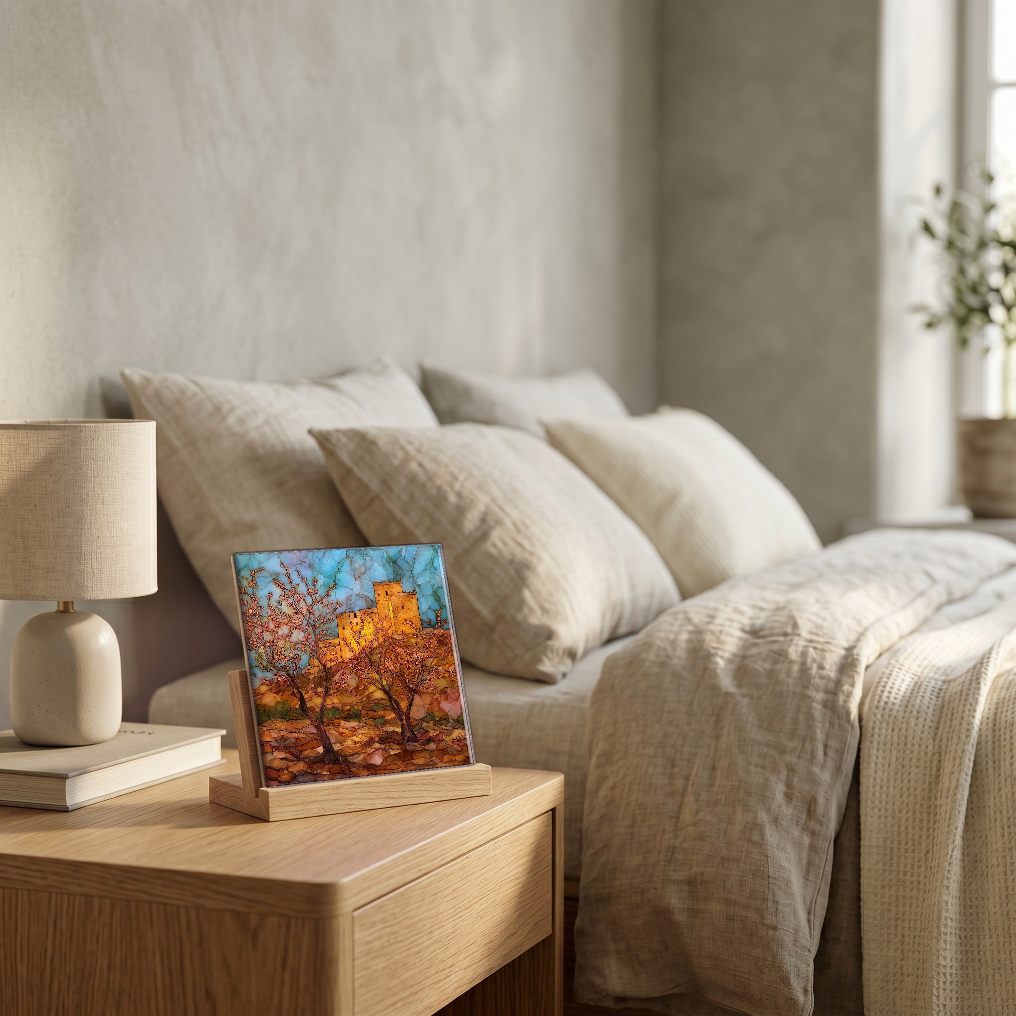 On the nightstand, catching the morning.