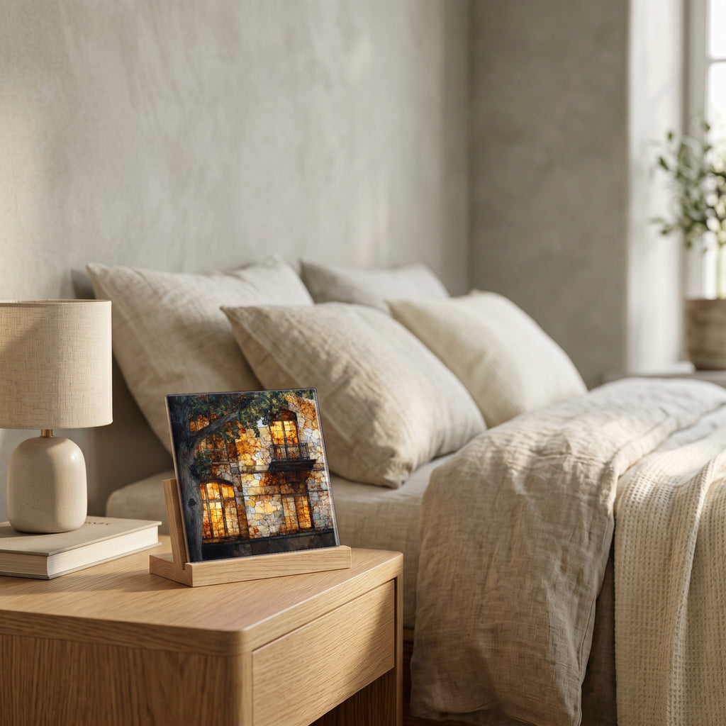 On the nightstand, catching the morning.