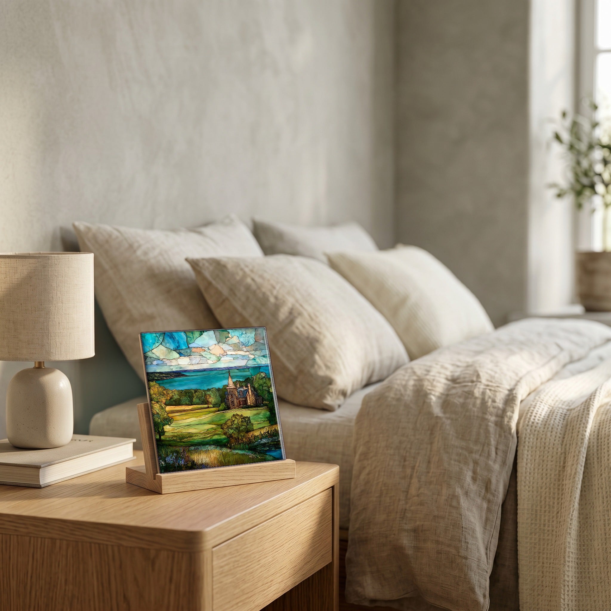 On the nightstand, catching the morning.