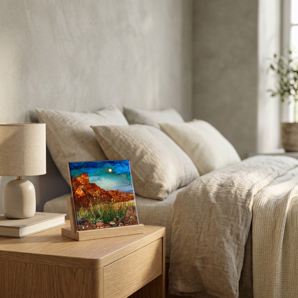 On the nightstand, catching the morning.