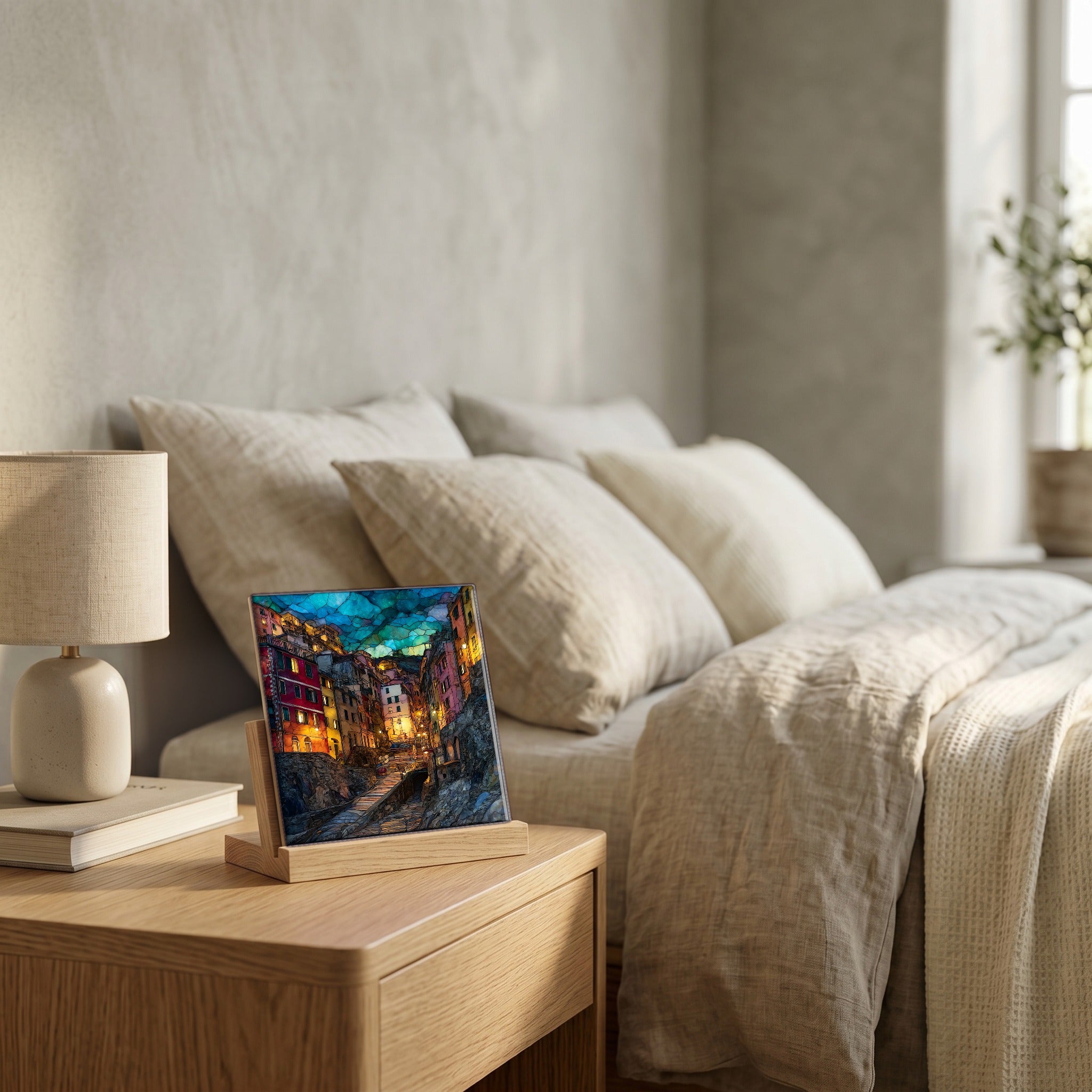 On the nightstand, on a light oak stand.