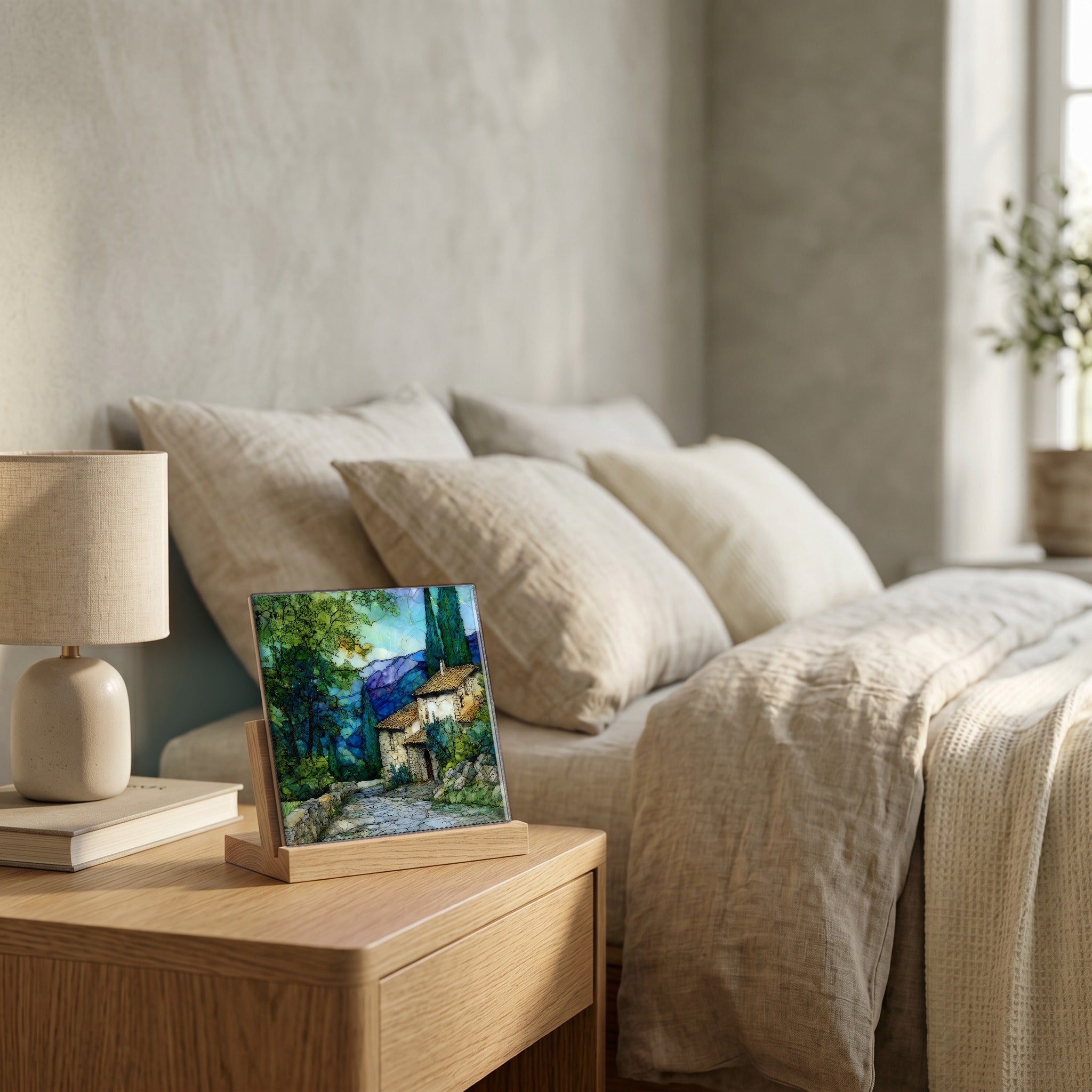 On the nightstand, on a light oak stand.