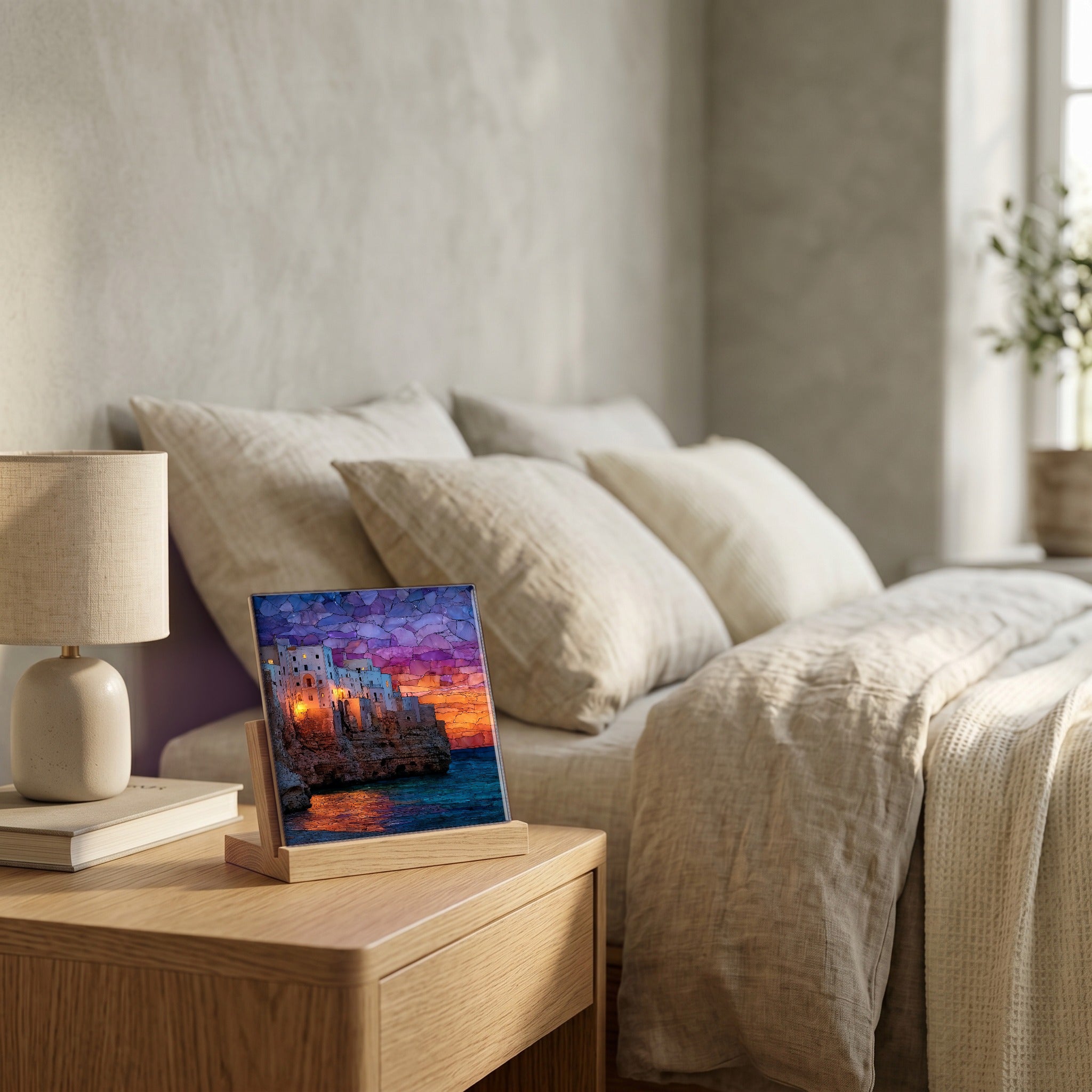On the nightstand, on a light oak stand.