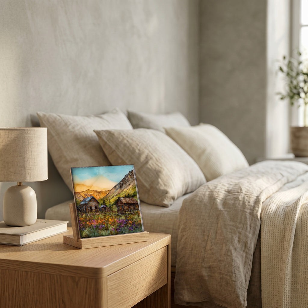 On the nightstand, on a light oak stand.