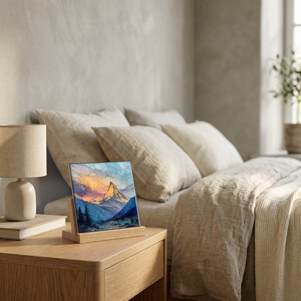 On the nightstand, on a light oak stand.