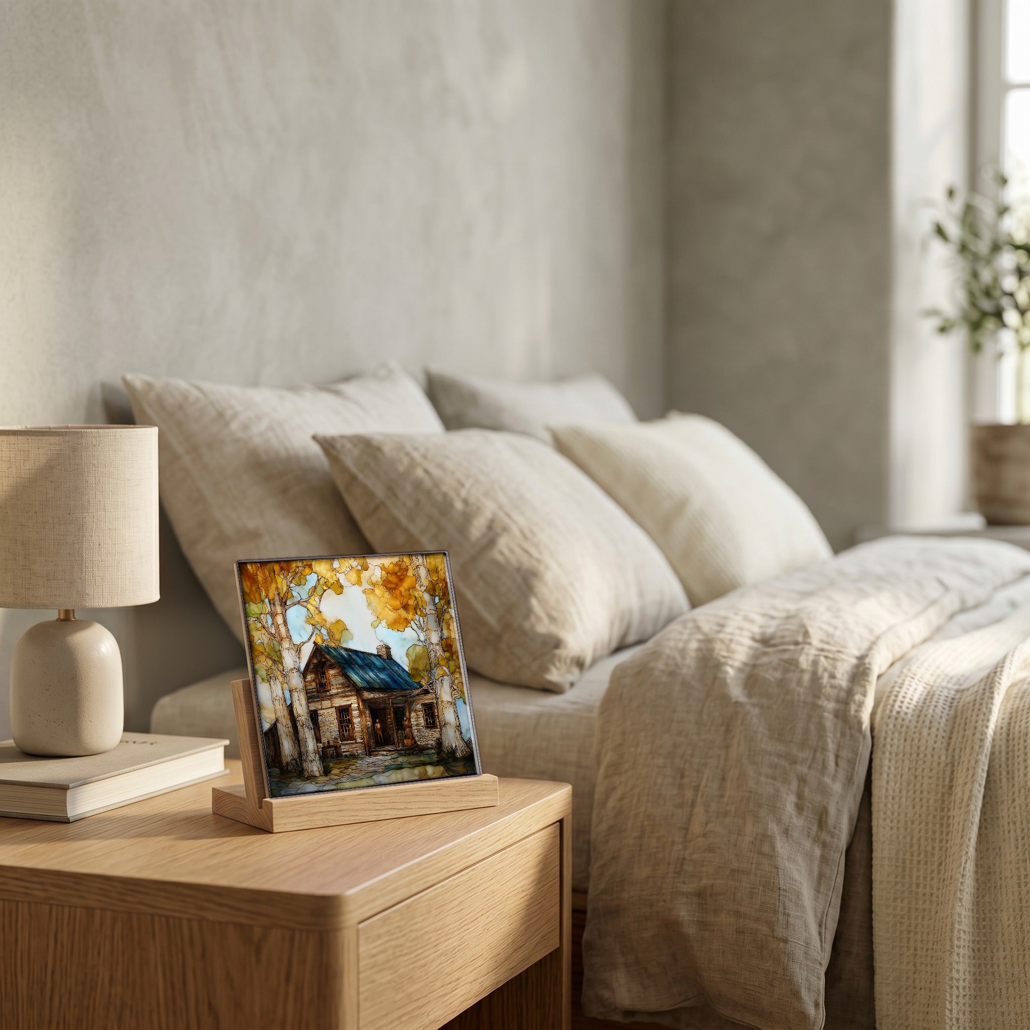 On the nightstand, catching the morning.