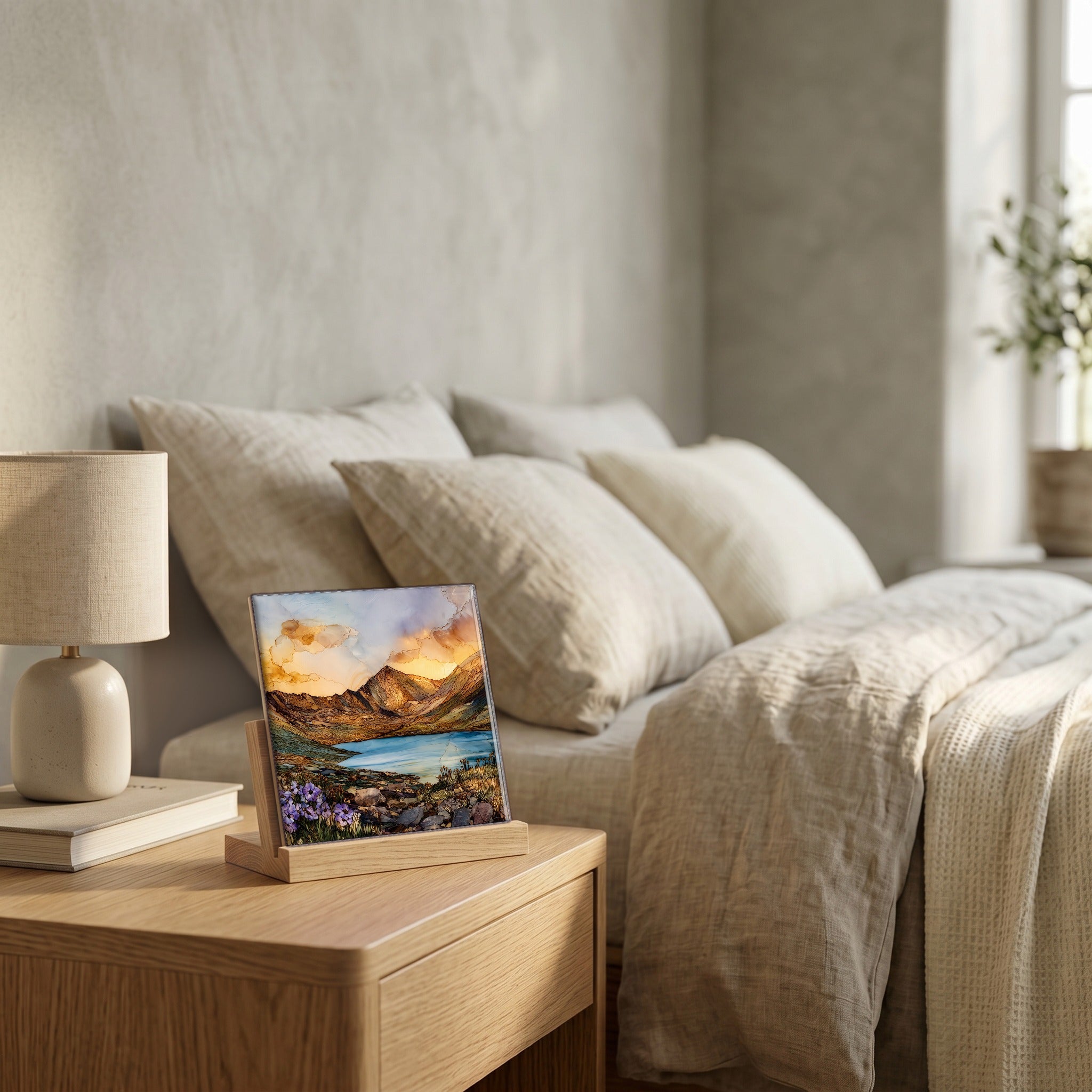 On the nightstand, on a light oak stand.