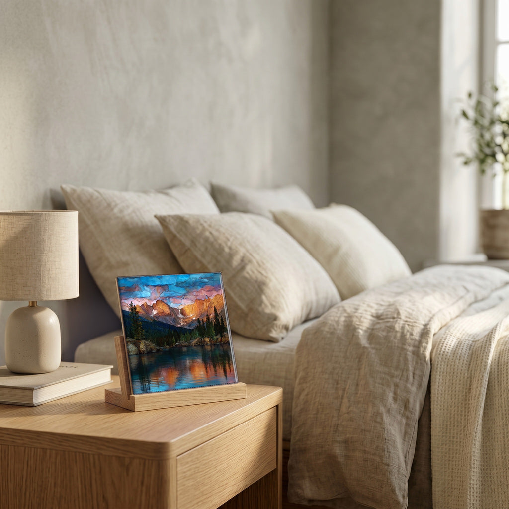 On the nightstand, on a light oak stand.