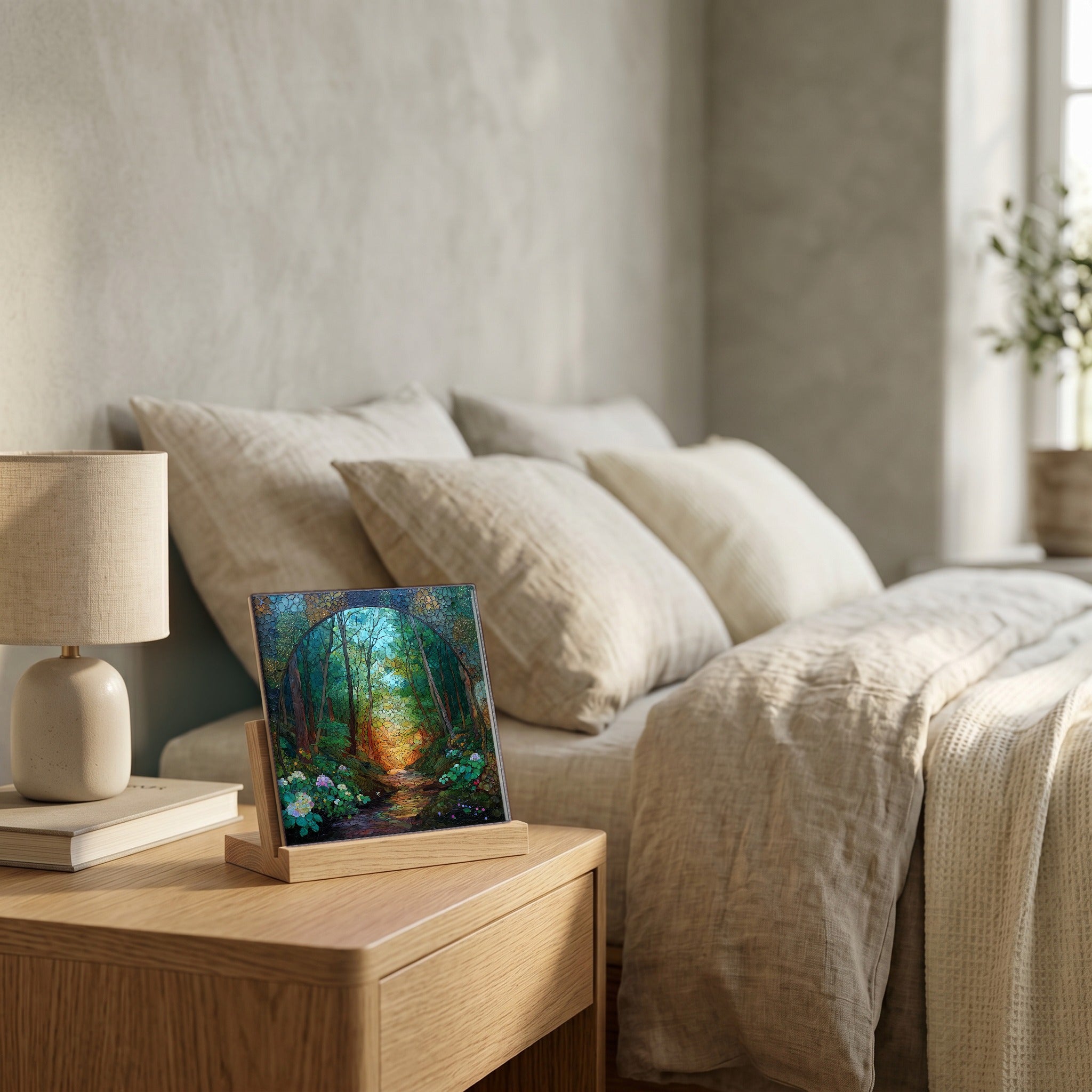 On the nightstand, catching the morning.