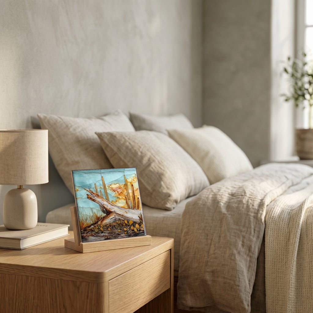 On the nightstand, catching the morning.