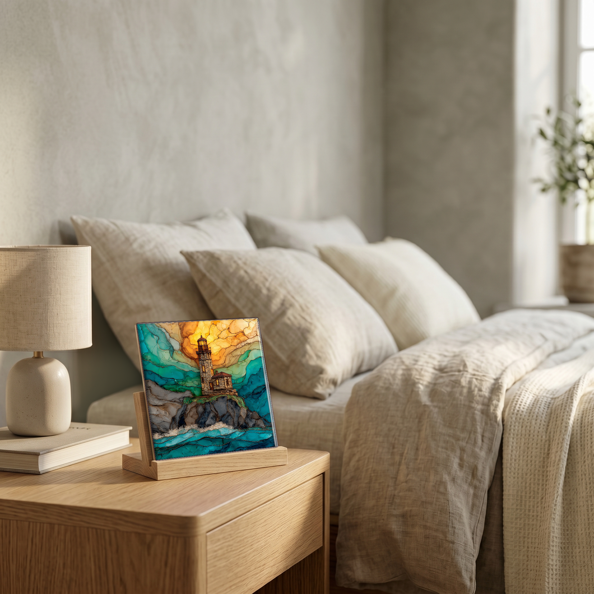 On the nightstand, on a light oak stand.