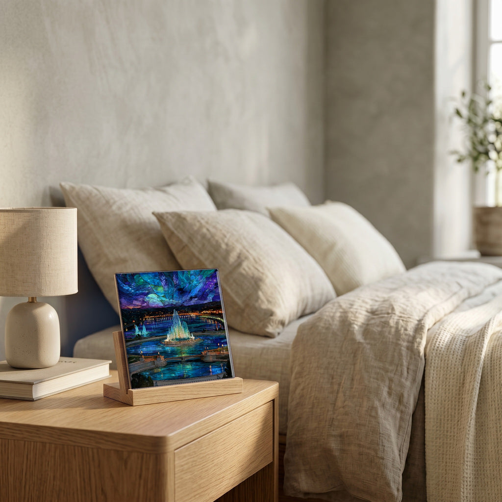 On the nightstand, catching the morning.