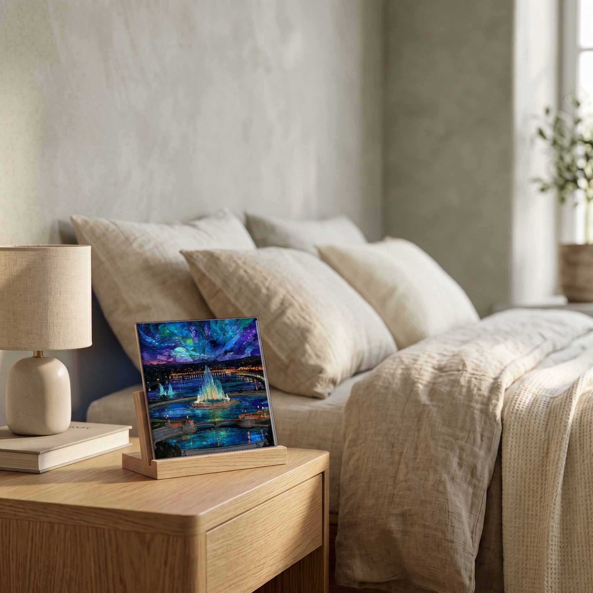 On the nightstand, catching the morning.