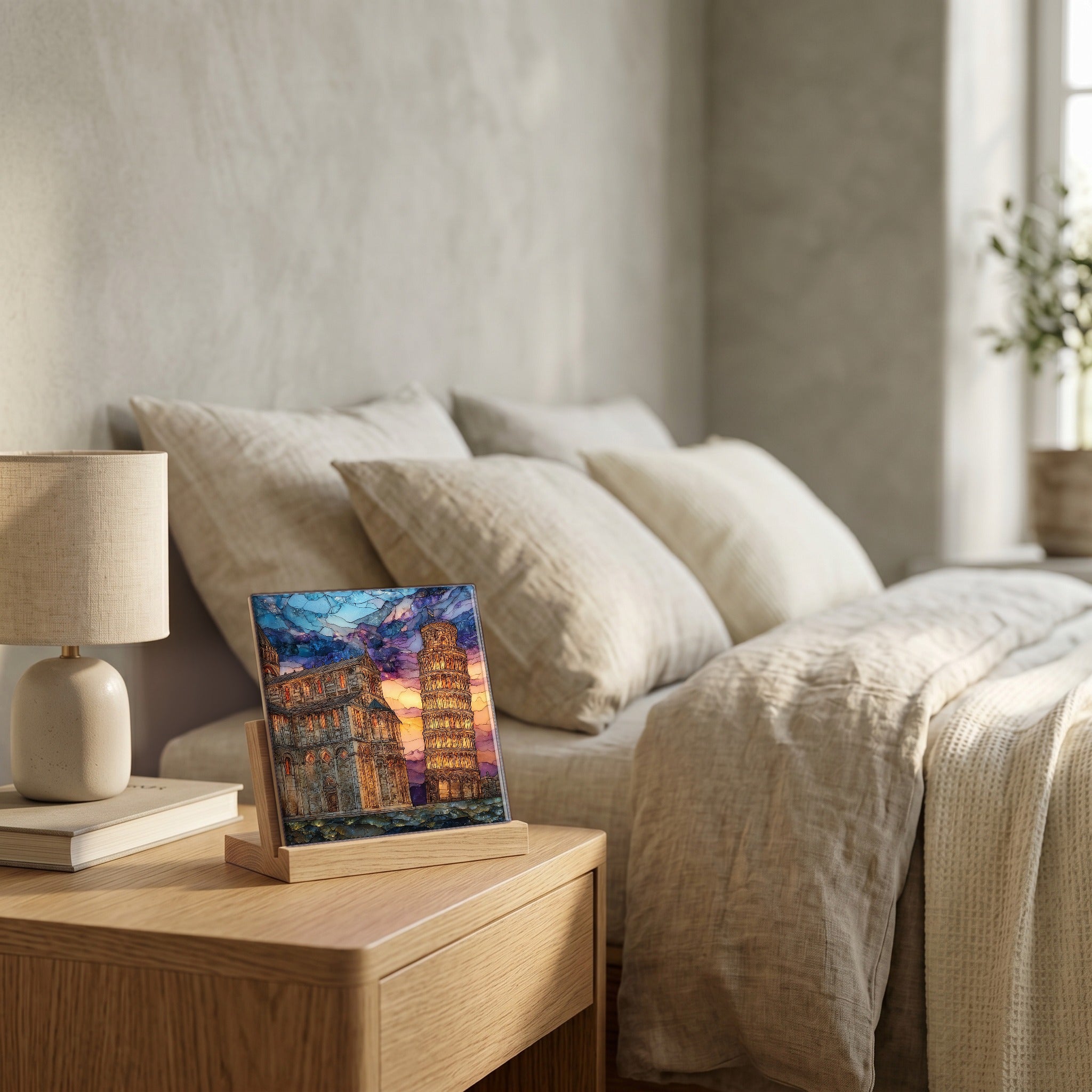 On the nightstand, on a light oak stand.